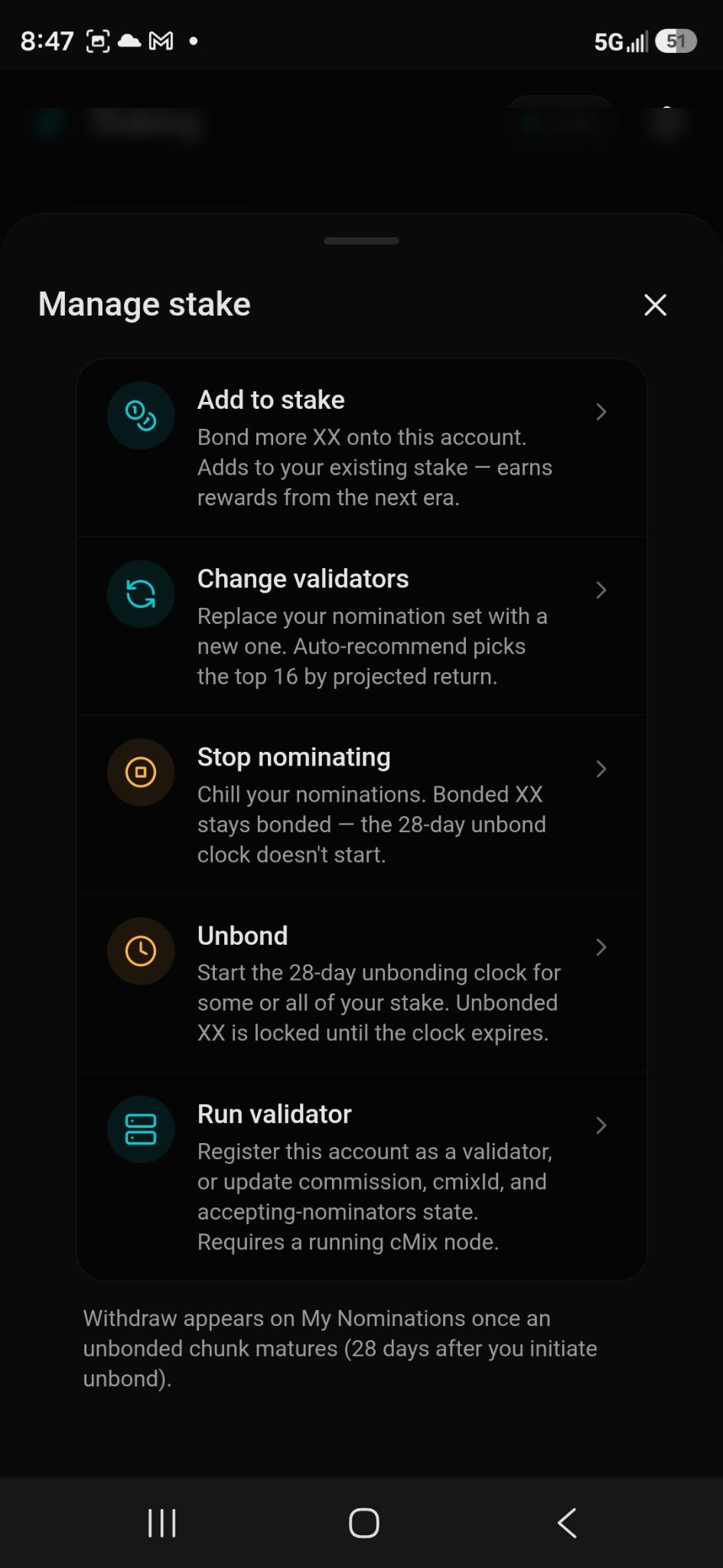 Manage stake options