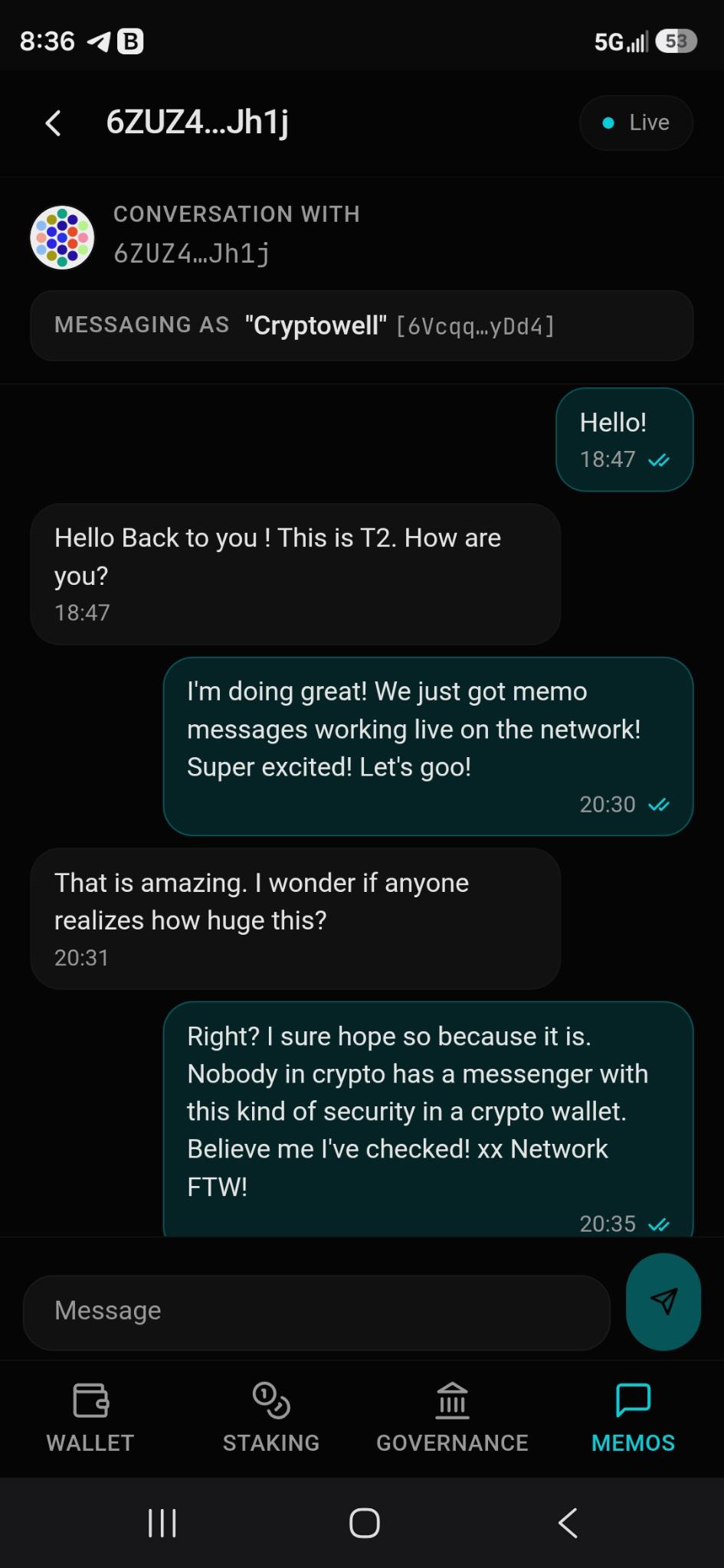 An end-to-end encrypted memo thread with delivery receipts
