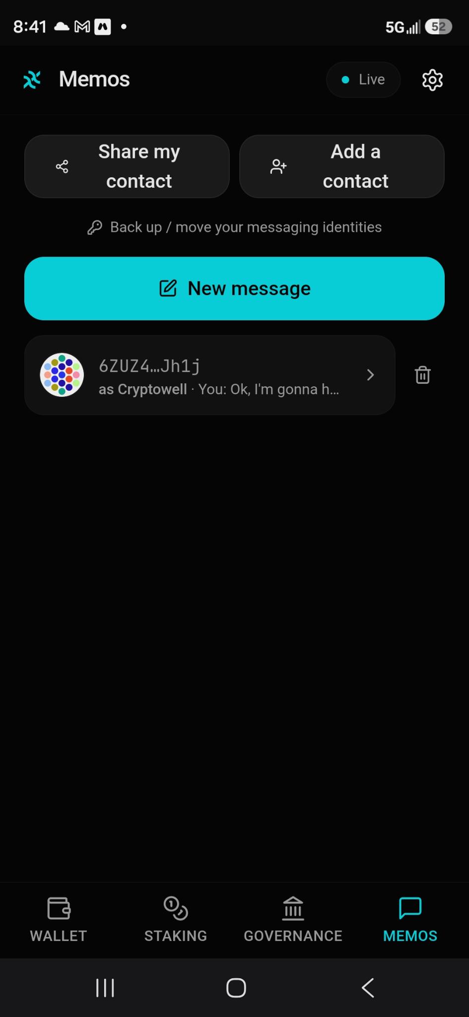 Memos tab — private memos between wallet holders