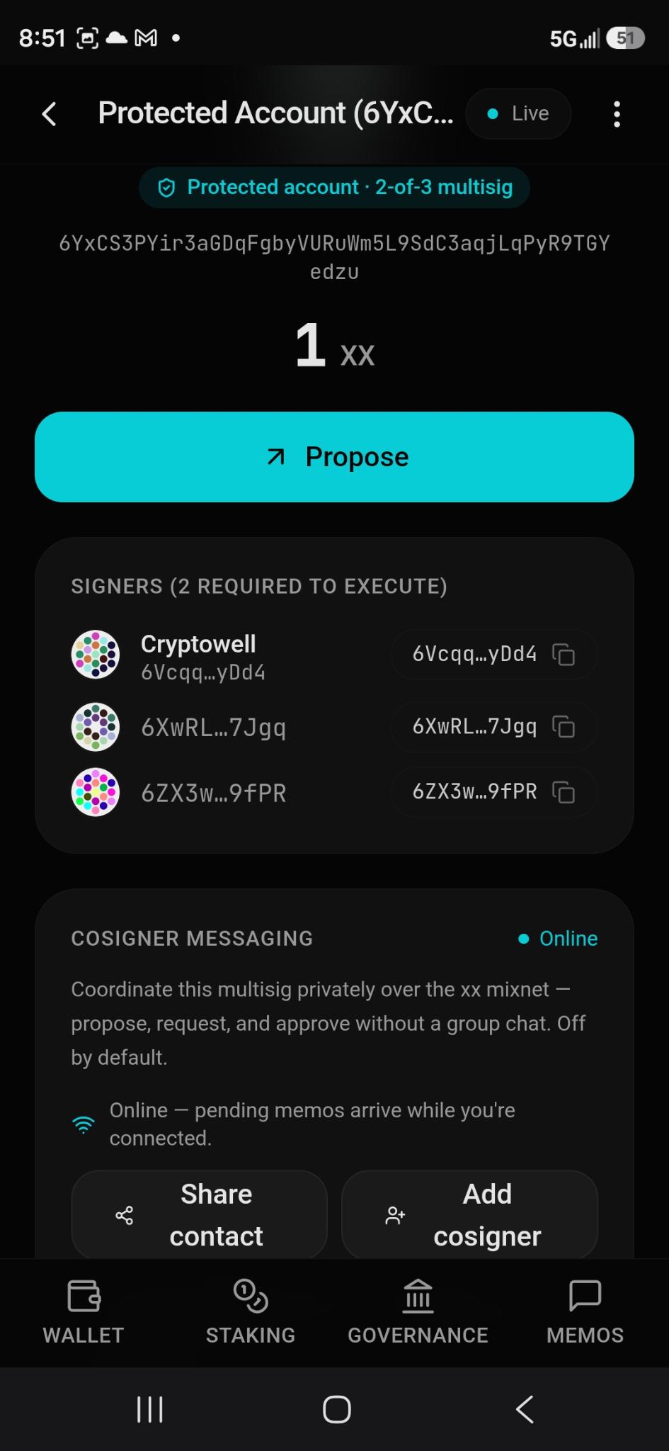Protected account detail with cosigner messaging