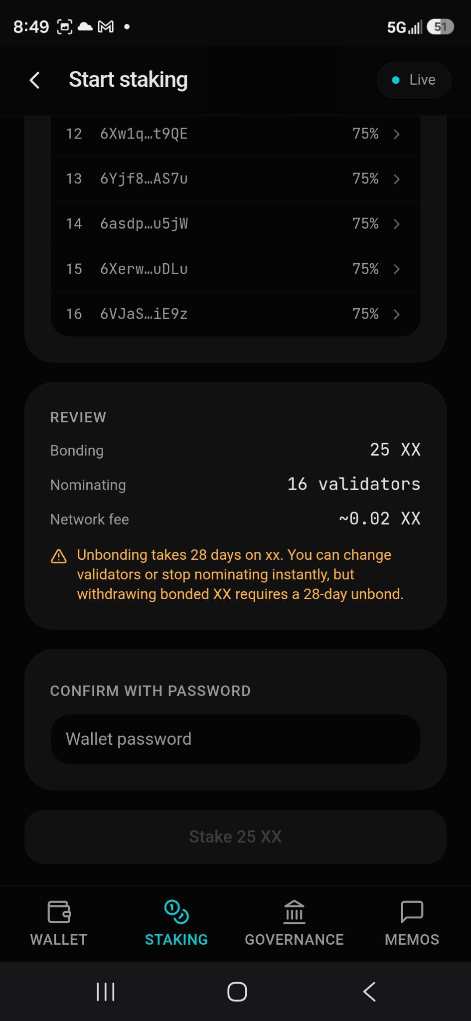 Staking review with unbonding warning